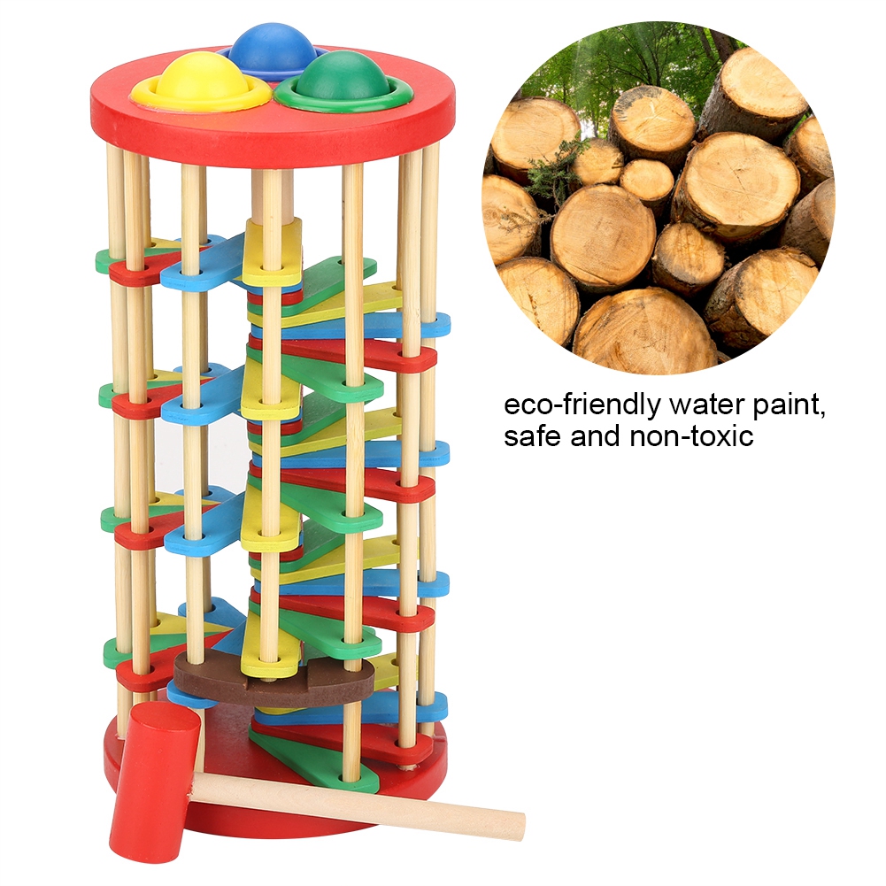 Tebru Children Wooden Toy, Colorful Wooden Knock Ball Ladder Toy