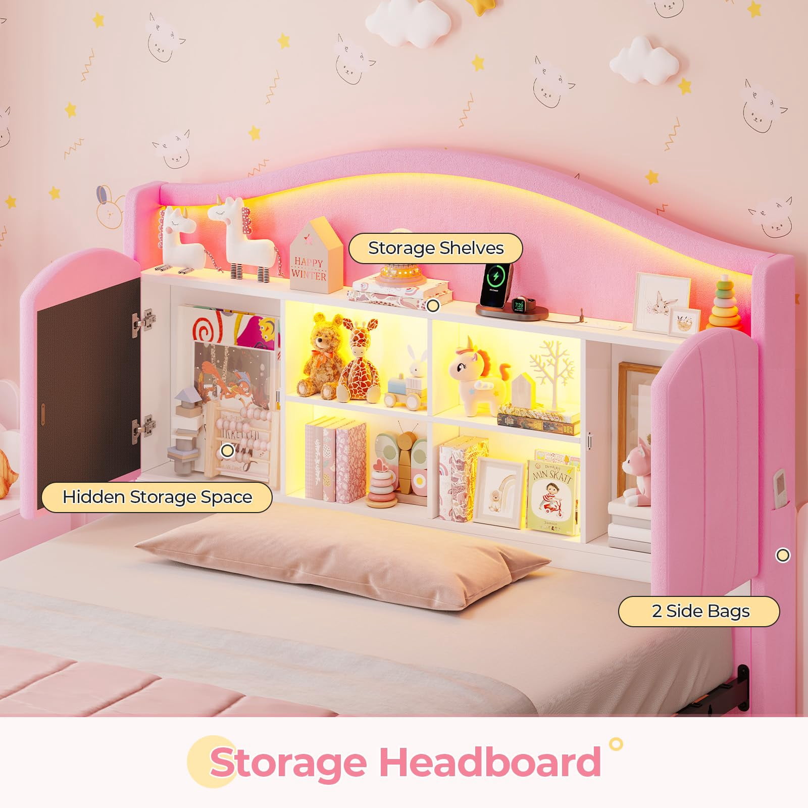 Afuhokles Velvet Upholstered Full Size Bed Frame with 4 Drawers and Hidden Storage Headboard, LED Lights and Charging Station,Pink