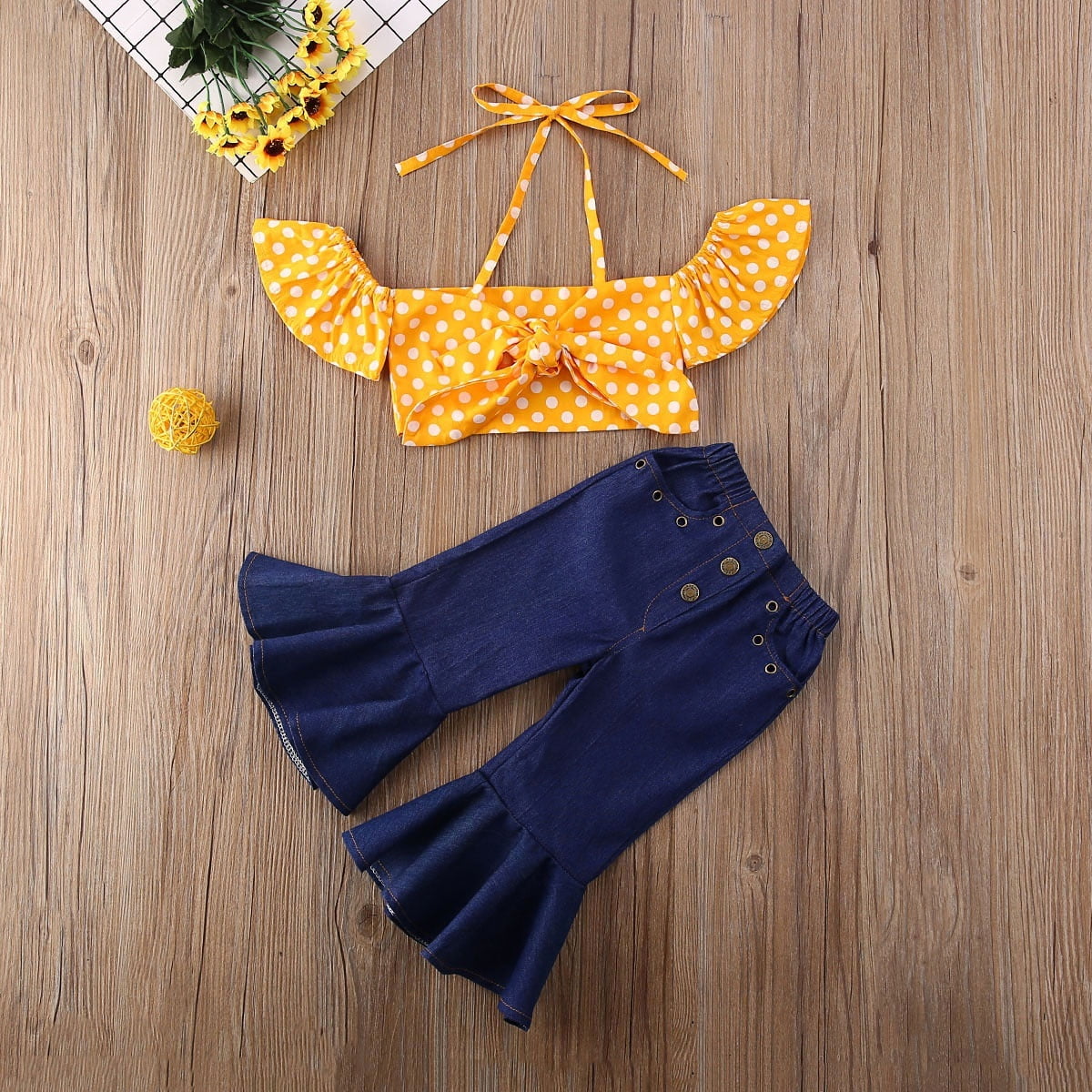 Toddler Kids Girl Denim Bell Bottoms Outfits Summer 2 Pieces Set Yellow Crop Tops+Trousers