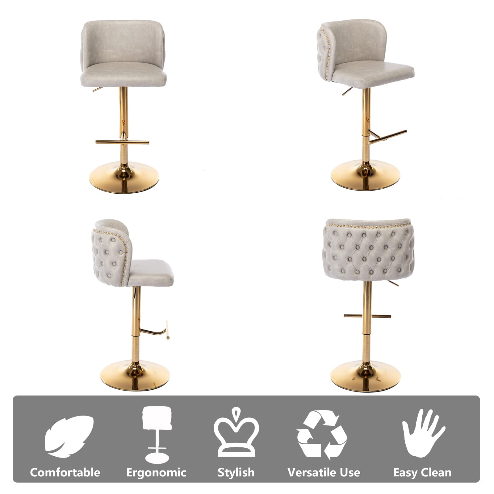 DONICK Swivel Counter Height Barstools,Upholstered Bar Stools Adjustable Height Nailhead Button Tufted Kitchen Island (PU,Beige,Set of 2)