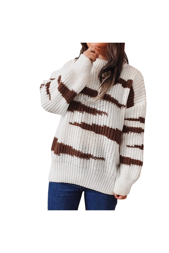 Womens Sweater Round Neckline Pullover Sweater Stripes Loose Mid-Length Long Sleeve Irregular Sweater Top