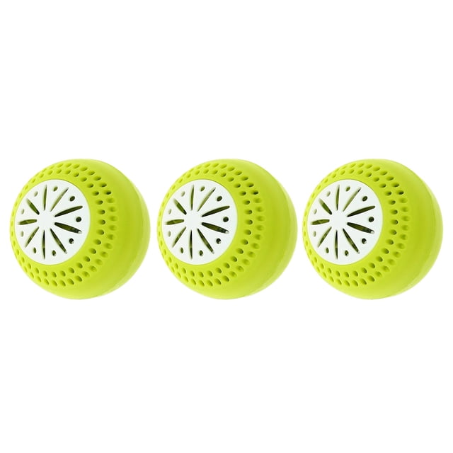 bola desodorante para refrigerador, bola para refrigerador que absorbe la humedad para el hogar verde AMMOON — tres bolas redondas de plástico verde con tapas blancas perforadas en vista frontal; diseño ranurado en la tapa, textura lisa, peso aprox. 100 g; absorbe humedad en el refrigerador para ayudar a conservar alimentos frescos y a menudo se usa también en despensas pequeñas.
