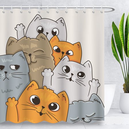 BLINGPAINTING Cute Cat Shower Curtain Lovely Cartoon Kitten Funny Colorful Animal Pattern for Pet Lovers Kids Fabric Bathroom Decor Curtain with Hooks