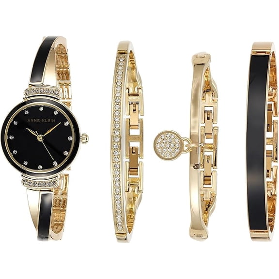 Anne Klein Gold-Tone Black Dial X-Shaped Bangle Set Ladies Watch