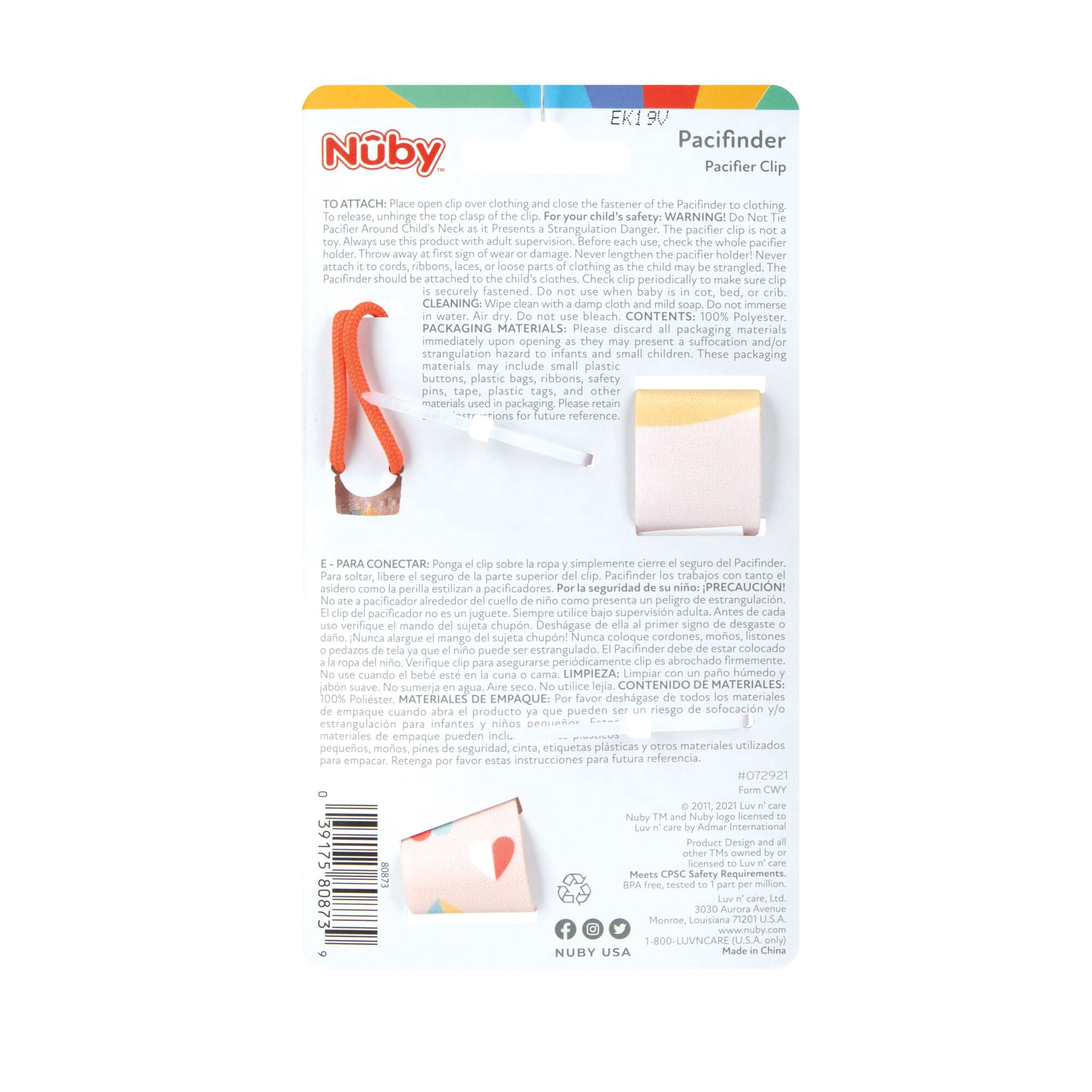 Nuby 2pk Cloth Pacifinder Clip, Peach with Stripes & Peach with Hearts