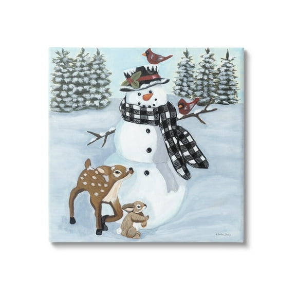 Niveous Snowman Trees Scenery Winter Animals Frolicking Animals & Insects Painting Gallery-Wrapped Canvas Print Wall Art
