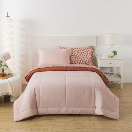 mainstays 5-piece reversible bed in a bag comforter set with sheets, pink blush, twin-xl