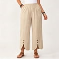 thumbnail image 6 of Thousandth Women's Cotton Linen Pants Casual Summer Elastic Waist Wide Leg Loose Fit Palazzo Pants Cropped Trousers with Button Decor and Slit Hem Daily Wear, 6 of 7