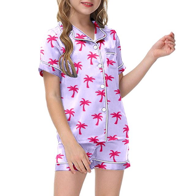 XDZJLR Tenues pour Fillettes, Ensembles de Pyjamas 2 Pcs Imprimé Graphique Manches Courtes Chemise à Boutons Shorts Ensemble de Pyjama Mode Quotidienne, 13 Ans