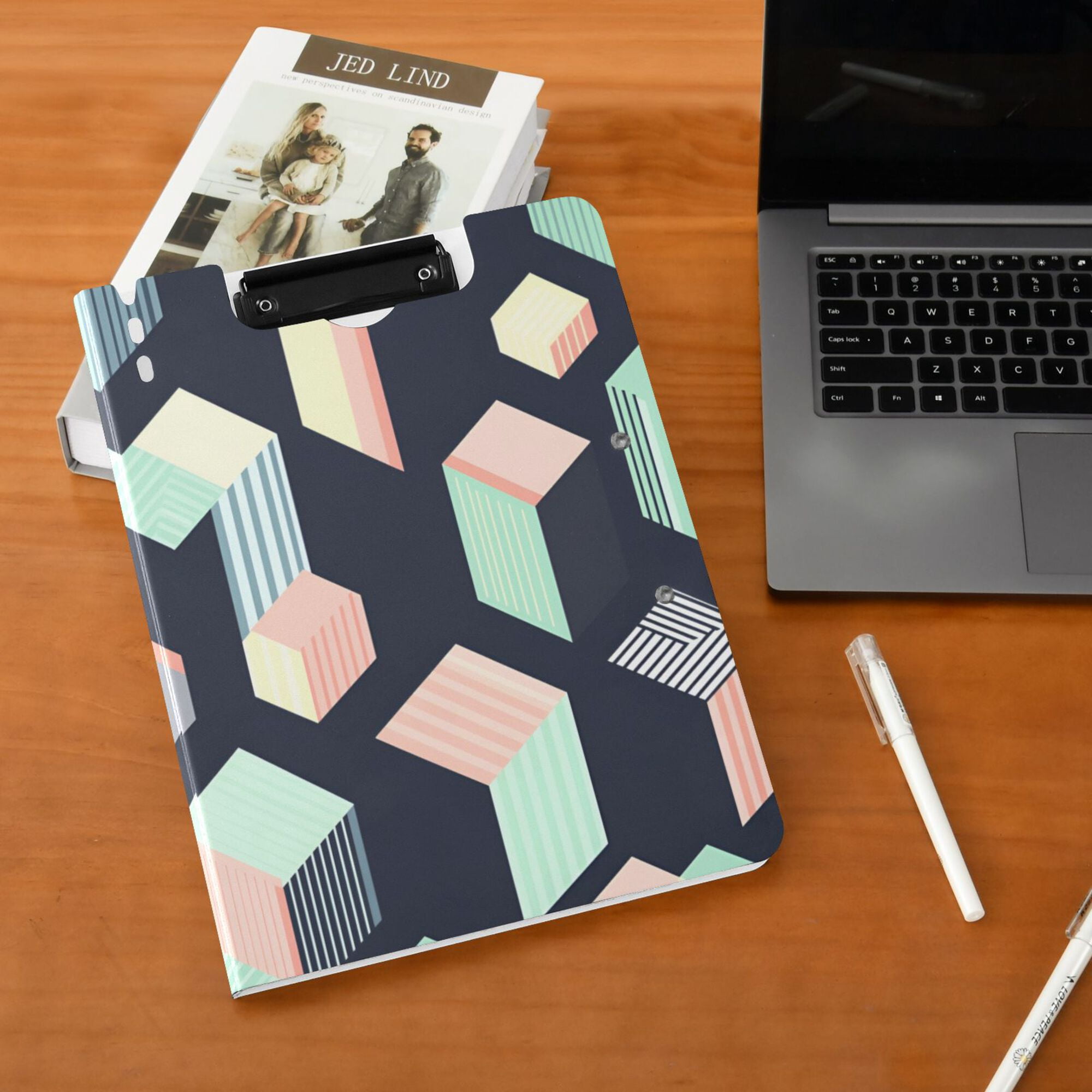FORMRS A4 Clipboard Folder with Pen Holder Horizontal Foldable School Office Binder, Black Cubes