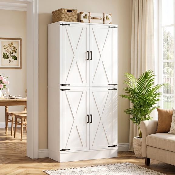 Homieasy 70" Tall Kitchen Pantry Cabinet, Farmhouse Storage Cabinet with Barn Doors & Drawer, Adjustable Shelves, White