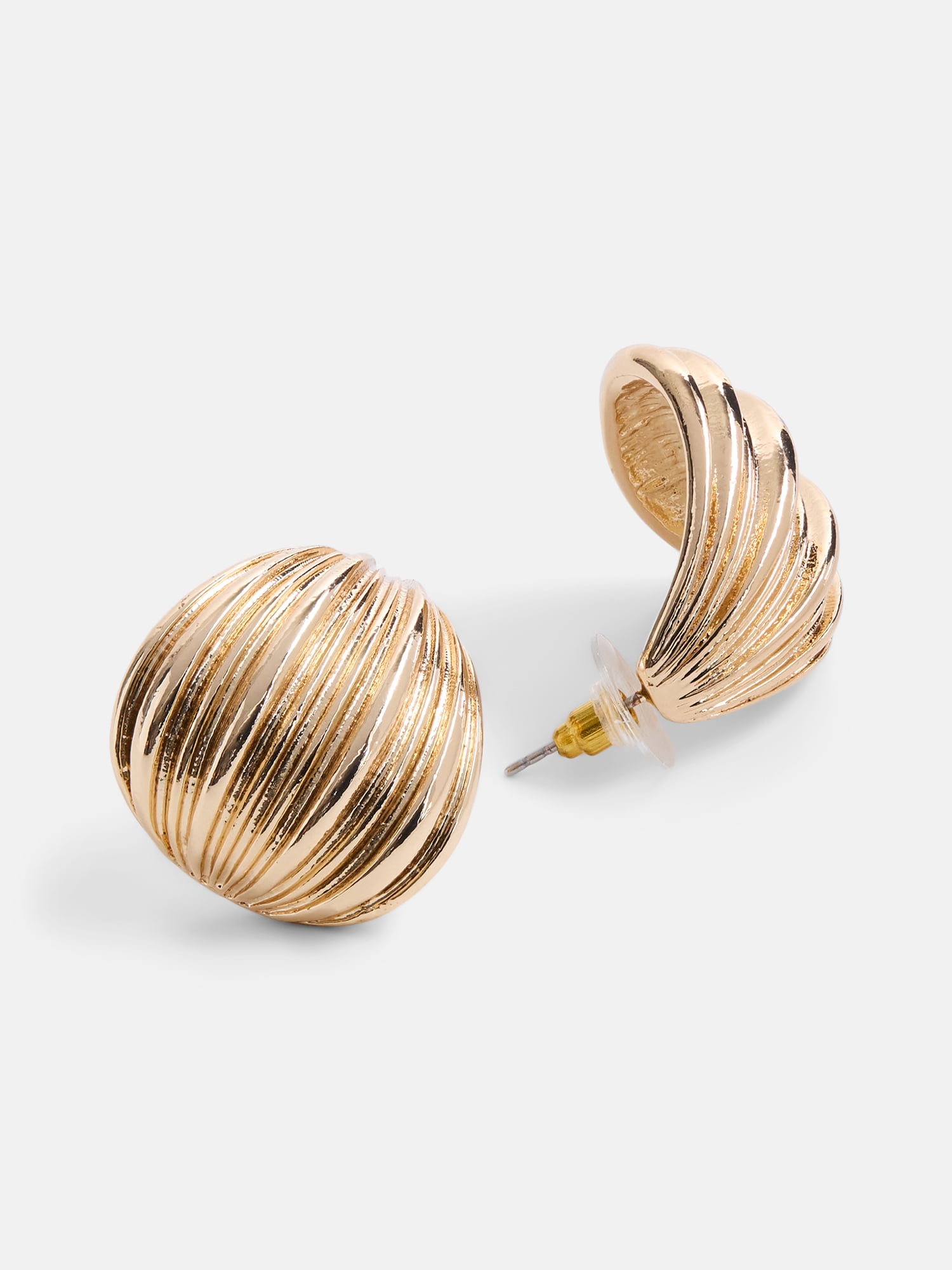 Scenario Women's Gold-Tone Curved Post Earrings with Narrow Rib Texture