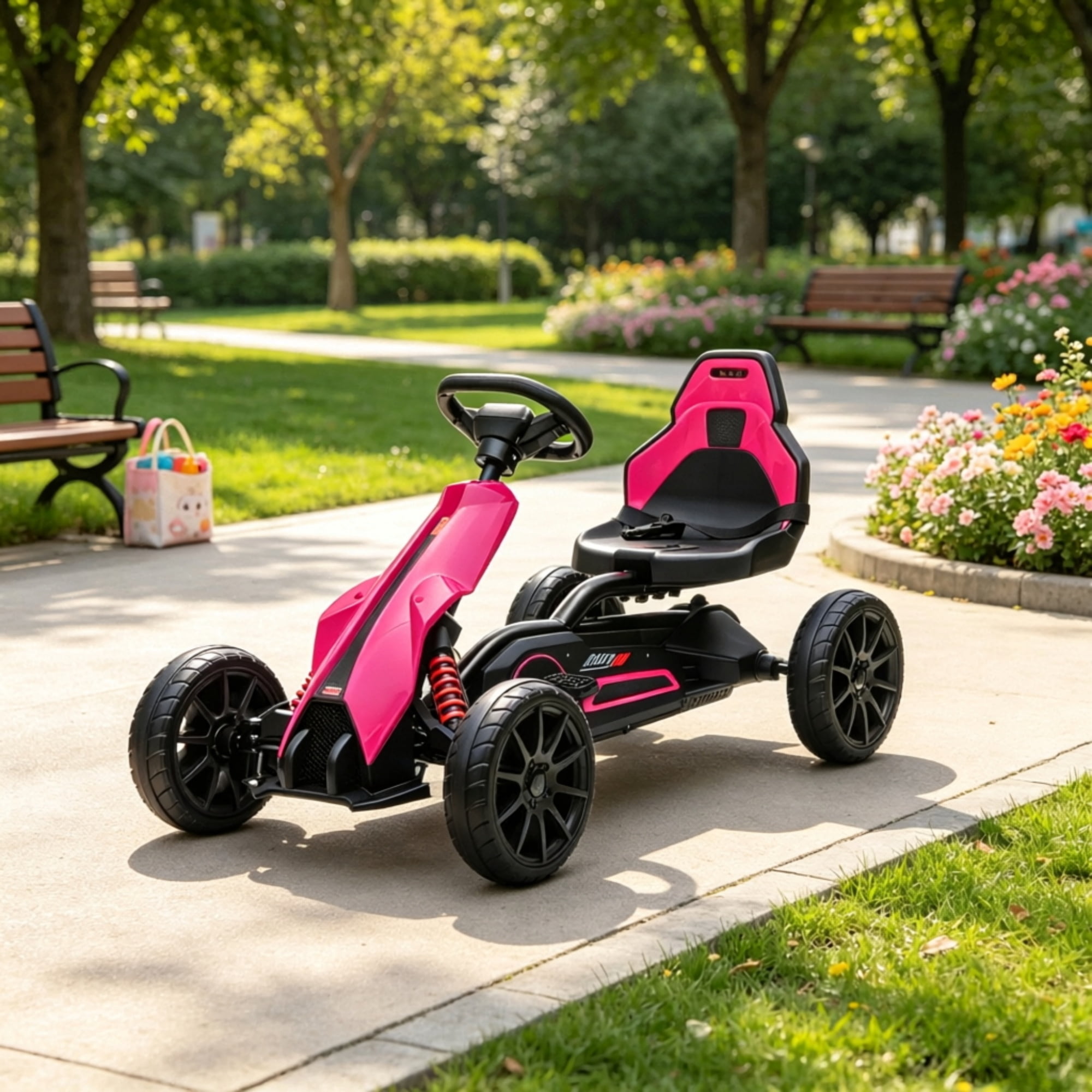 Kids Pedal Go Kart, Adjustable Seat, Durable Swing Axle, Safe Outdoor Ride-On Toy, Pink