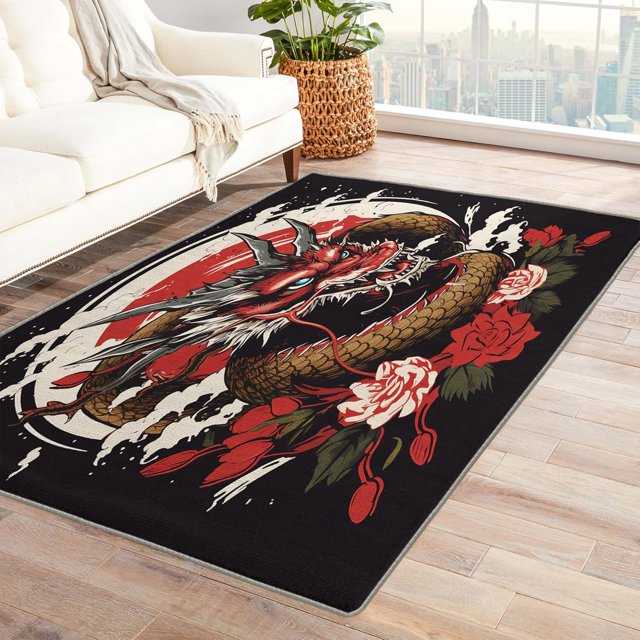 Dragon Rug 4x7 Area Rugs for Bedroom Living Room, Red Roses Area Rug, Japanese Carpet Machine Washable Non-Slip Rug, Soft Low Pile Area Rug, Indoor Decorative Rugs la&205