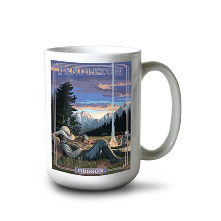 

15 fl oz Ceramic Mug Cowboy Camping Night Scene Pendleton Oregon Dishwasher & Microwave Safe