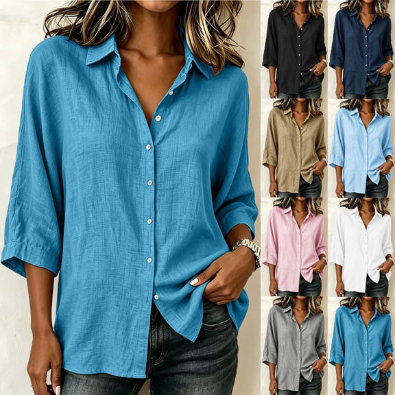 Noric Women's 3/4 Sleeve Shirt Cotton Loose Fit Button Down Lapel Collar Solid Color Tops