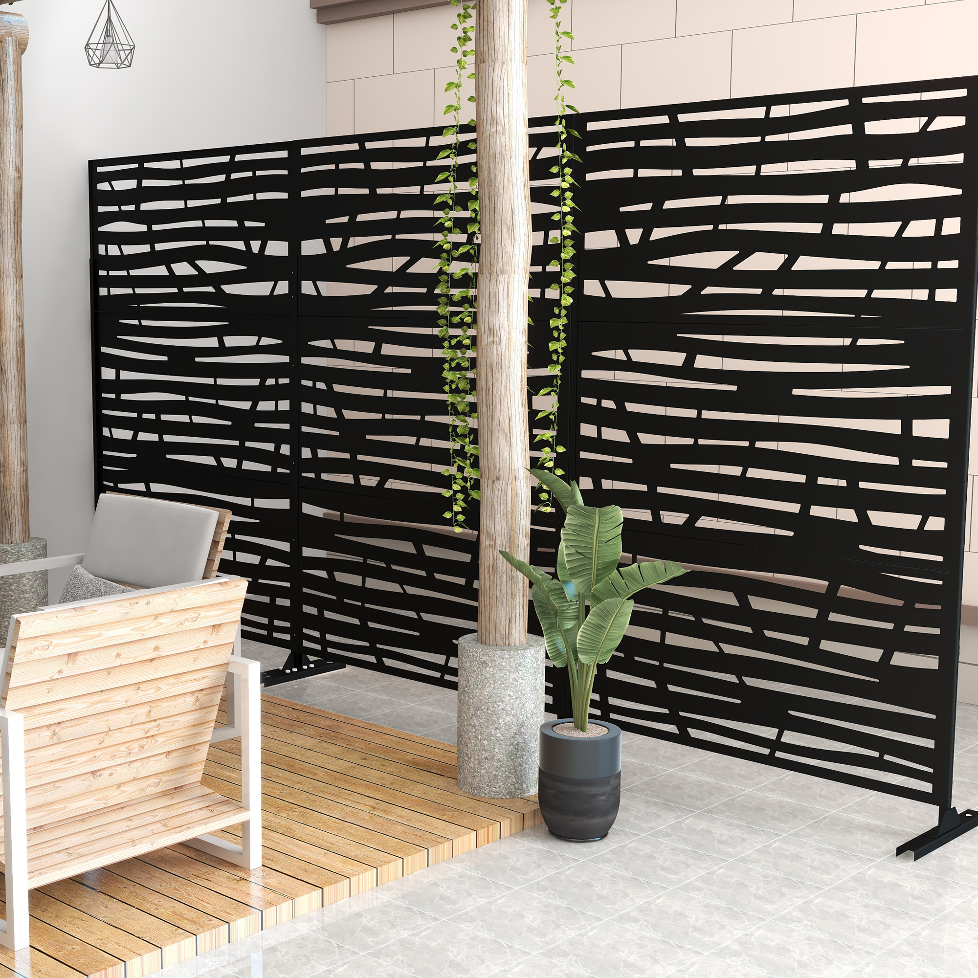 MAYEERTY 72×47" Outdoor Black Metal Privacy Panel Screen for Backyard & Garden, Geometric Vine and Thorn Pattern