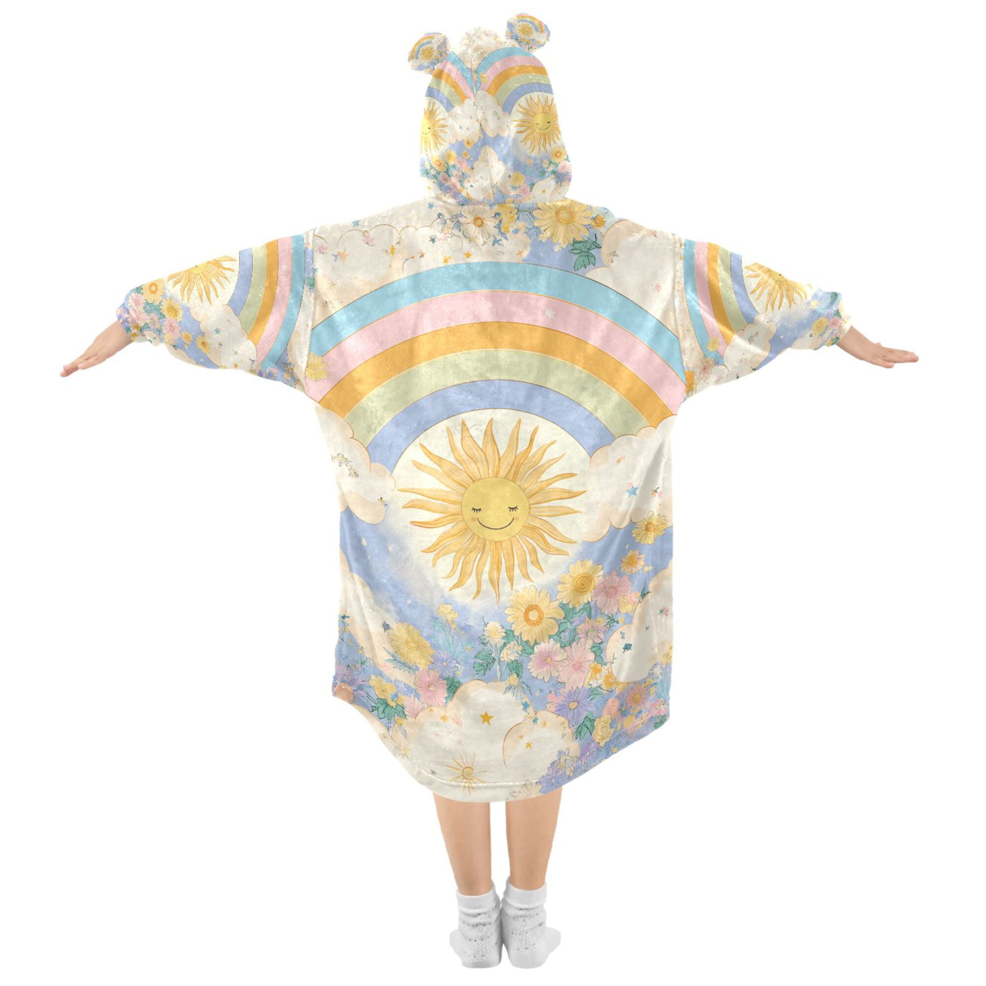 FORMRS Wearable Blanket Hoodie with Sleeves for Kids Cozy Flannel Sweatshirt, Purple Rainbow Clouds