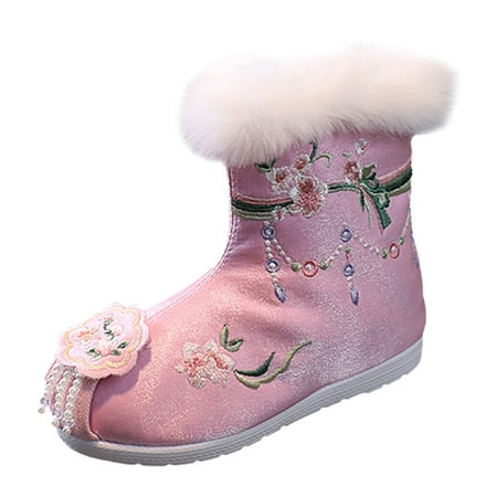 

Zlekejiko Cotton Boots For Girl Winter Vintage Embroidered Cloth Boots Plush Inside Of Hanfu Shoes Children Shoes