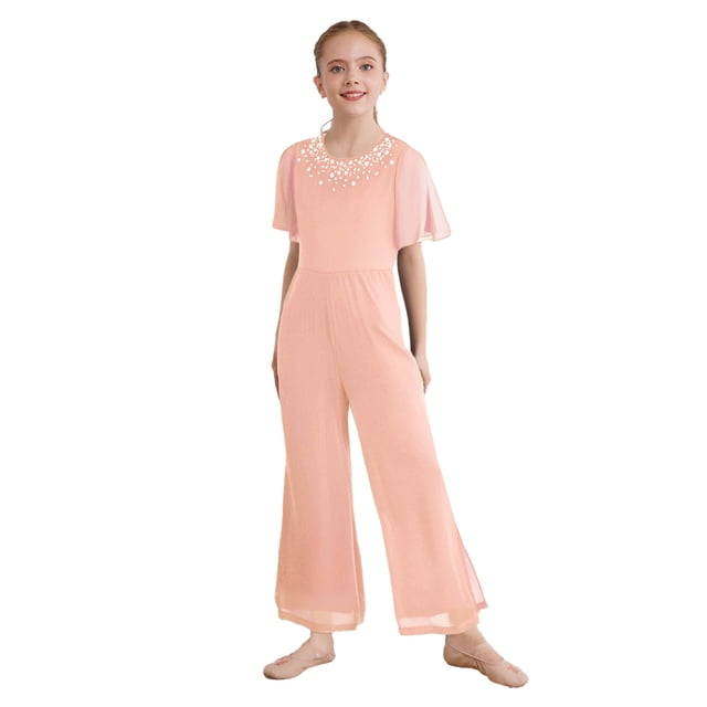 iiniim Combinaison pour Filles Col Rond Perlé une Pièce Combinaisons Été Décontracté Pantalon Grand Rose 14