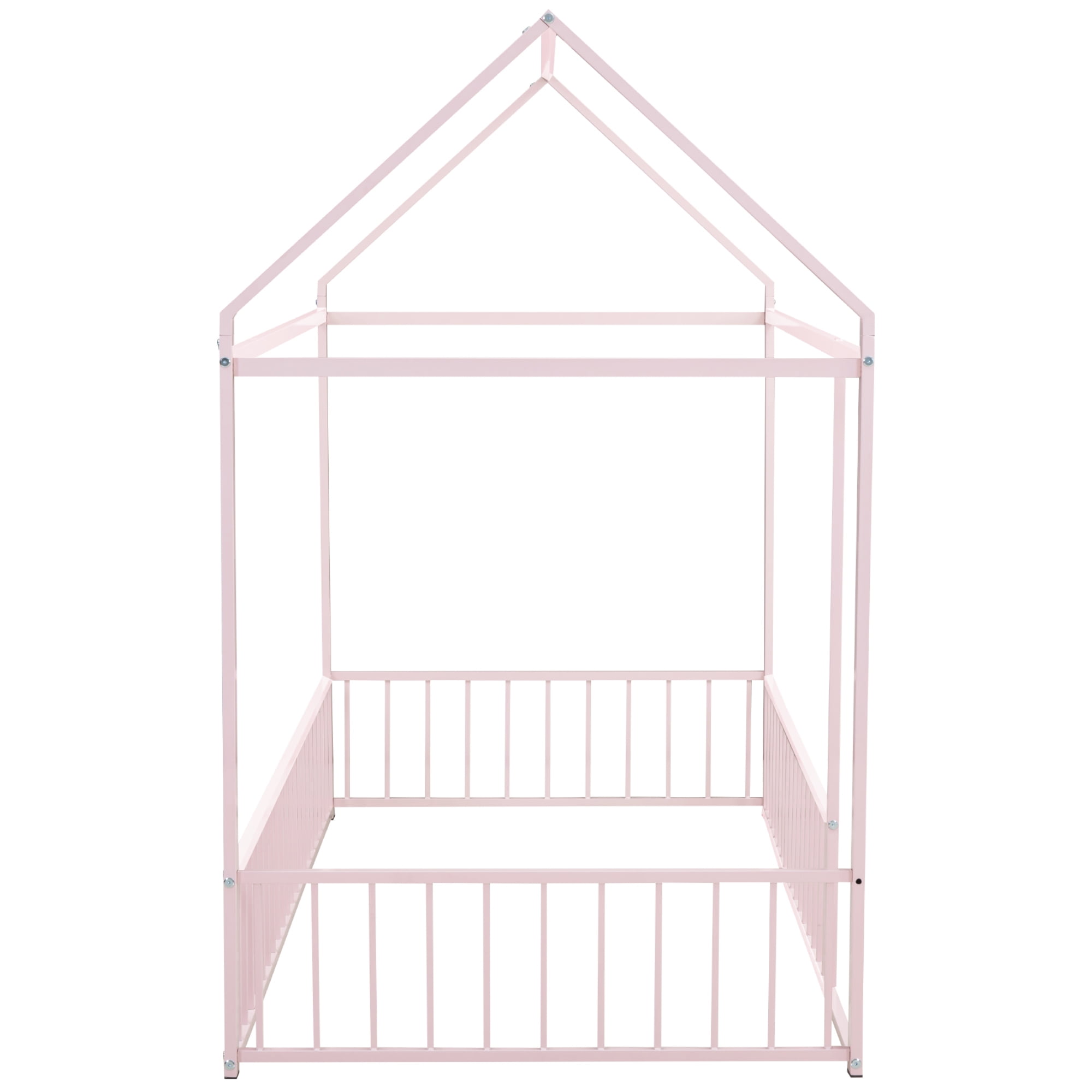 DEALTOPS Twin Size Metal House Bed with Fence, Montessori Floor Bed Frame for Kids, Pink