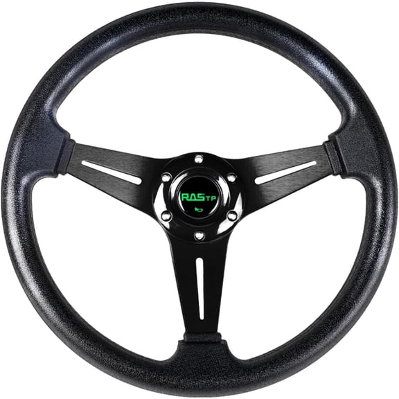 Universal Racing Steering Wheel 13.8”/350mm 6 Bolts Grip Vinyl Leather & Aluminum with Horn Button for Car -Black