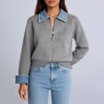 thumbnail image 6 of Women'S Denim Spliced Collar Zip‑Up Knit Cardigan Top Gray One size, 6 of 7