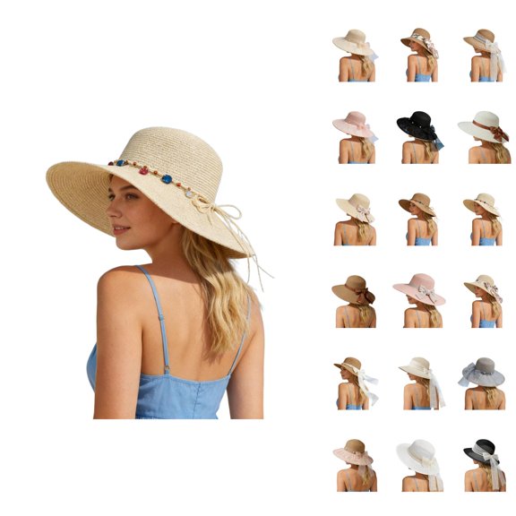 Straw Bucket Hats for Women Summer Wide Brim Beach Sun Hat Fisherman Hat with Bow Tie