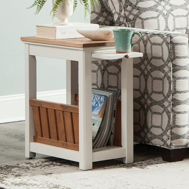 Savannah Chairside Magazine End Table with Pullout Shelf, Ivory with Natural Wood Top Walmart