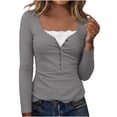thumbnail image 2 of Miluxas Women Fashion Slim Fit Tops Lace Button Square Neck Long Sleeved T-Shirt for Daily Wear Gray, 2 of 9