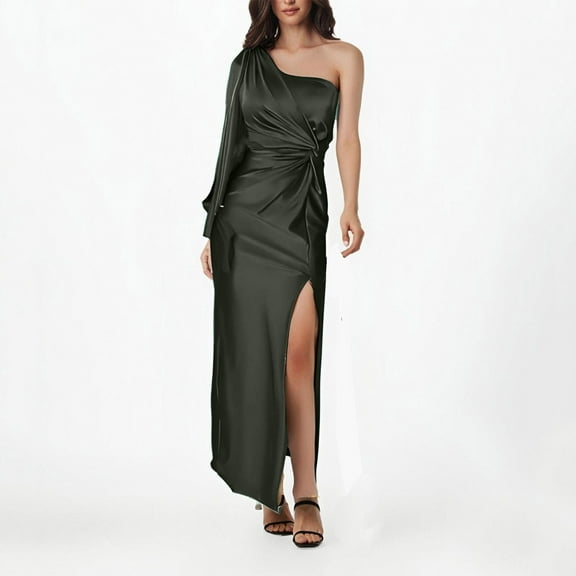 Ndbuld Long Sleeve Maxi Dress for Women Women's Fall And Winter New Round Neck Color Blocked Long Sleeved Slim Waistband Retro Dress,Army Green,2XL