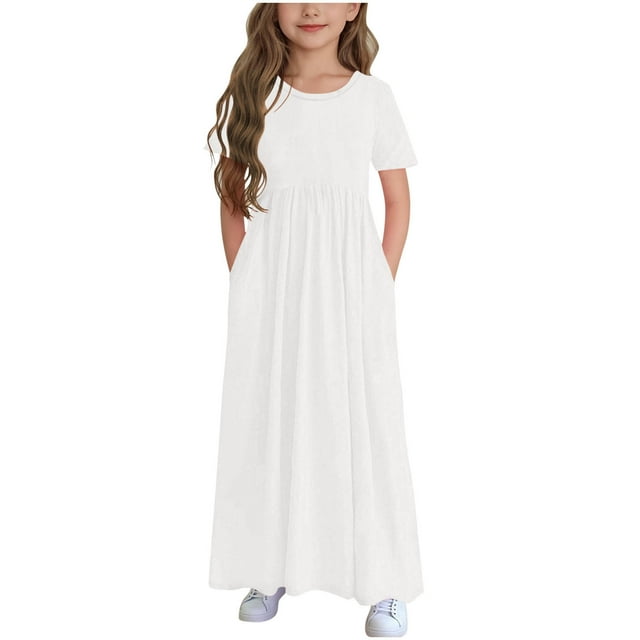 Bwiyojiz Fashion Sizes 120-170 Children's Solid Color Short Sleeve Ruffled Pockets Round-Neck Printed Dress for Kids, White