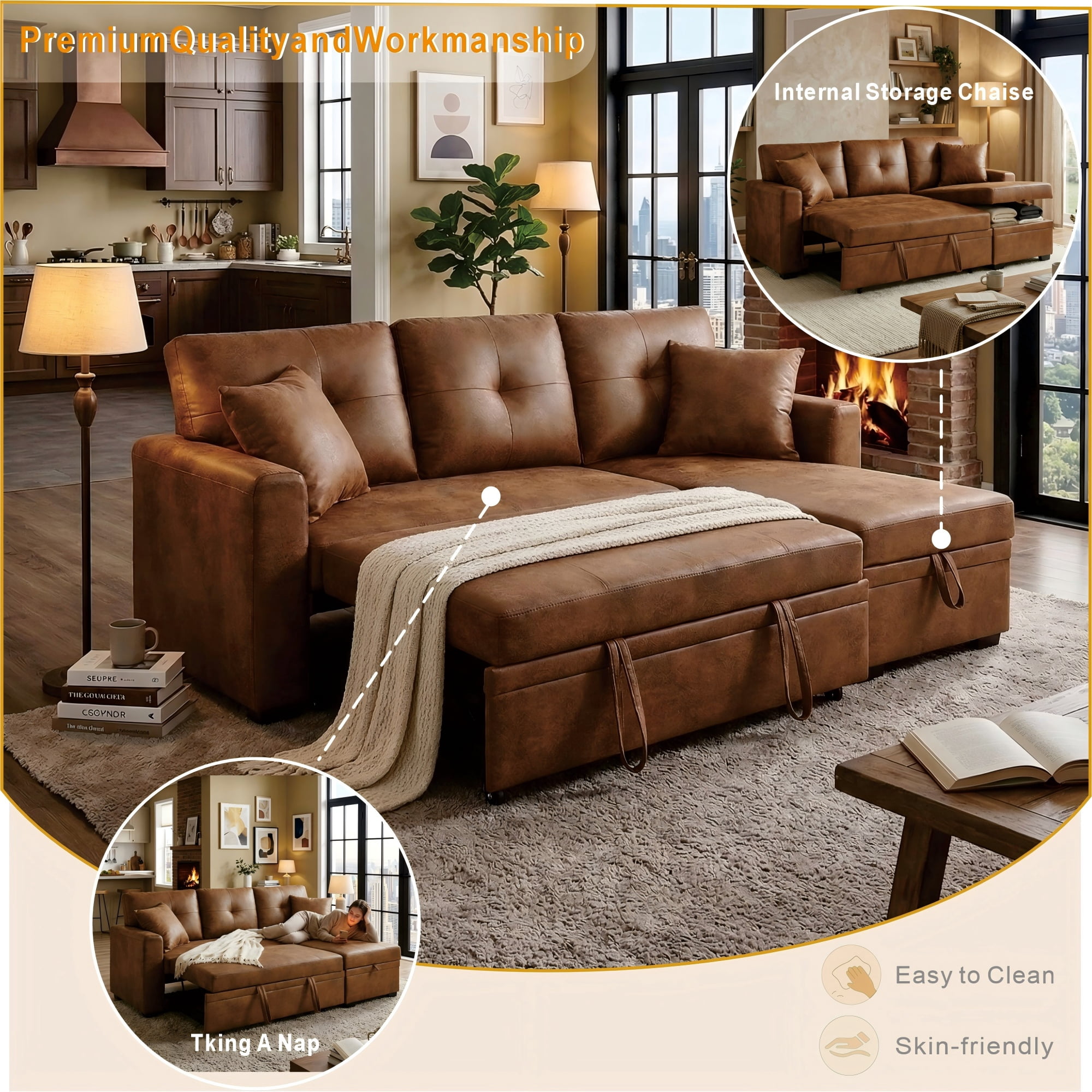 BSHTI 71" Polyester L-Shaped Pull-Out Sleeper Sofa Bed with Reversible Chaise, Hidden Storage for Living Room（Light Brown）