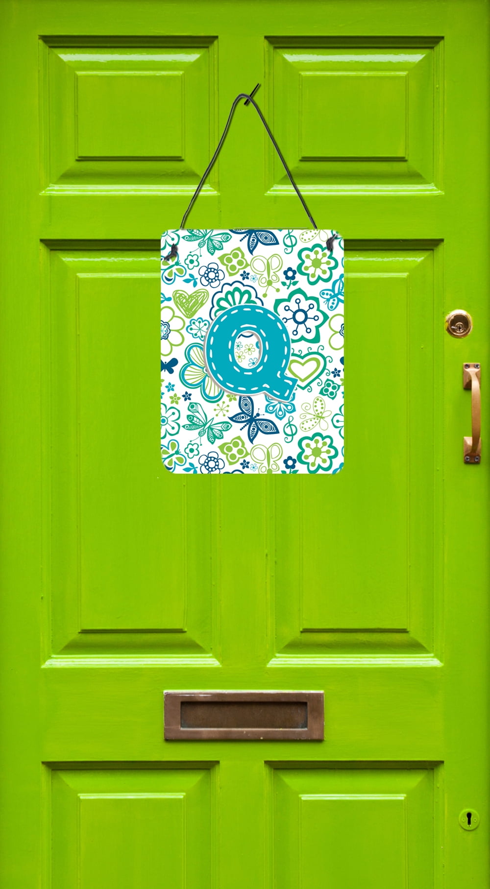 Letter Q Flowers and Butterflies Teal Blue Wall or Door Hanging Prints