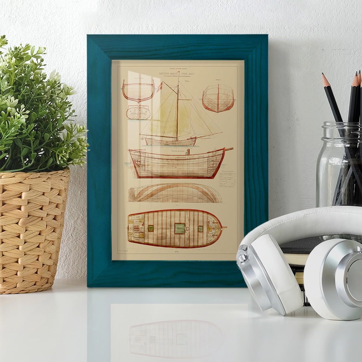 Antique Ship Plan III -Framed Print w/glass-Ocean Blue
