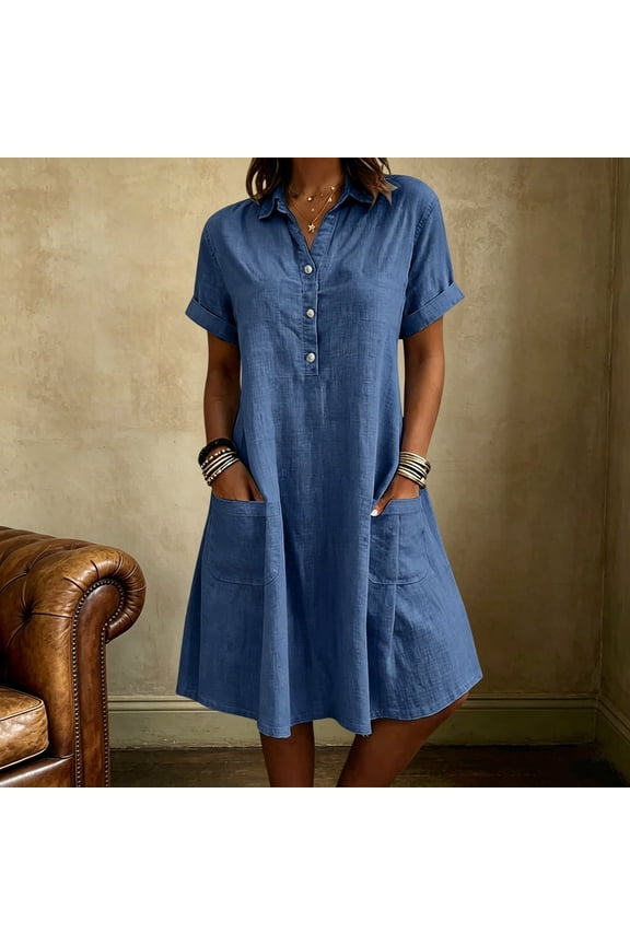 Women Plus Size Collared Short Sleeve Button Down Flowy Casual A-Line Mini Dress Solid Boho Beach Vacation Swing Loose Dresses, Blue XL