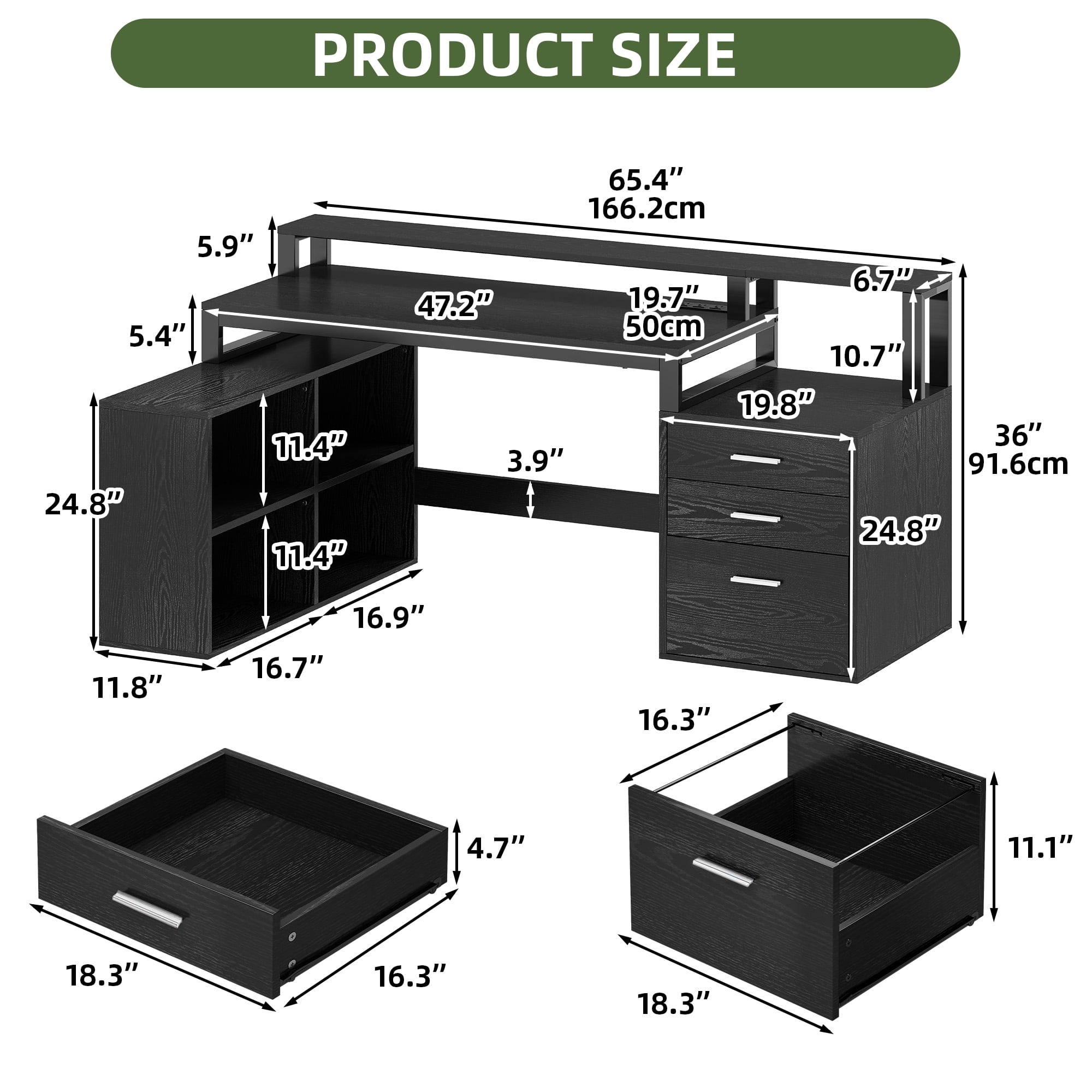 Uforic Computer Desk with LED Light, 65" L Shaped Desk with Shelves &Drawers, Home Office Desk, Black
