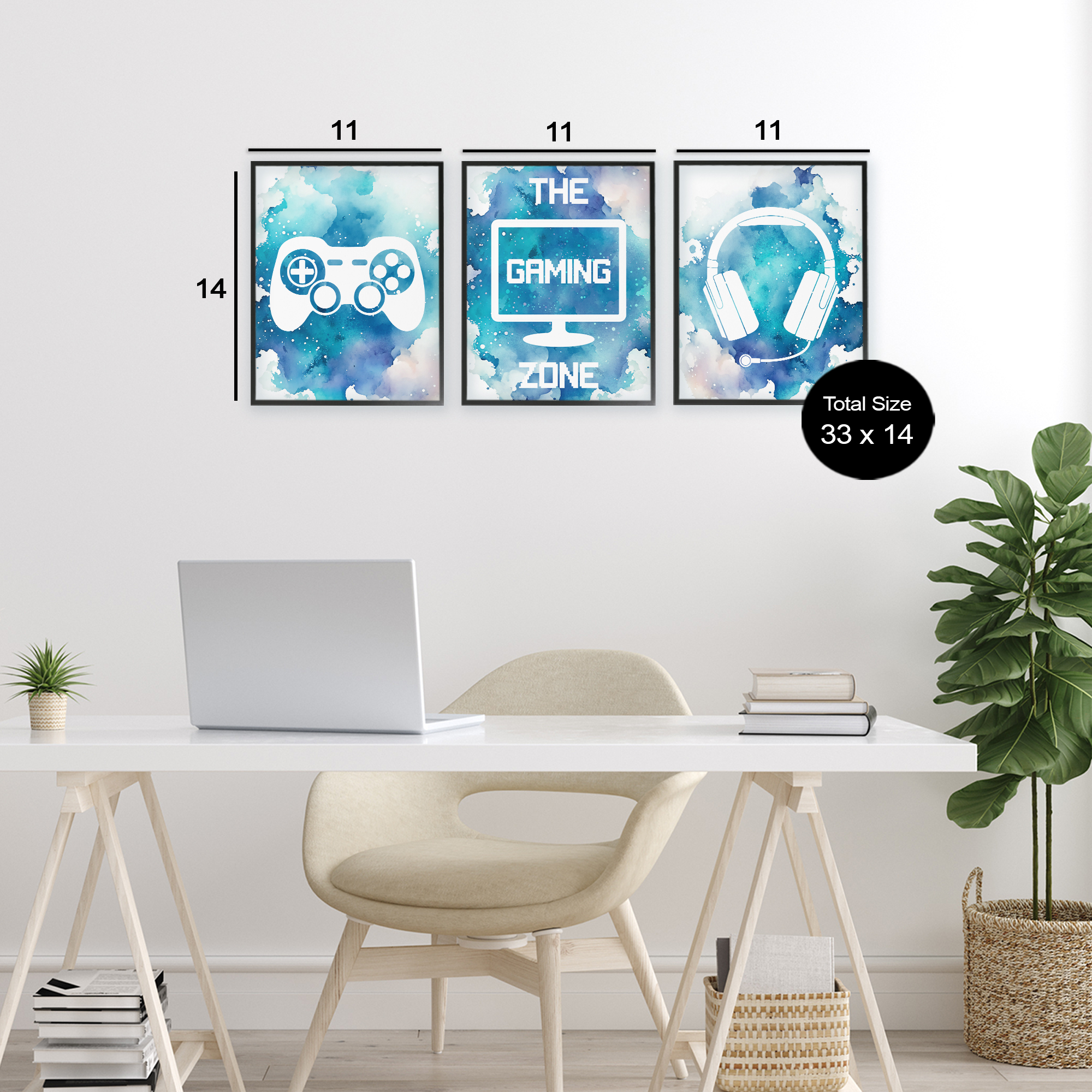 Blue Gamer Splatters 3 Piece Black Framed Giclee Art Set, design by Marcus Prime