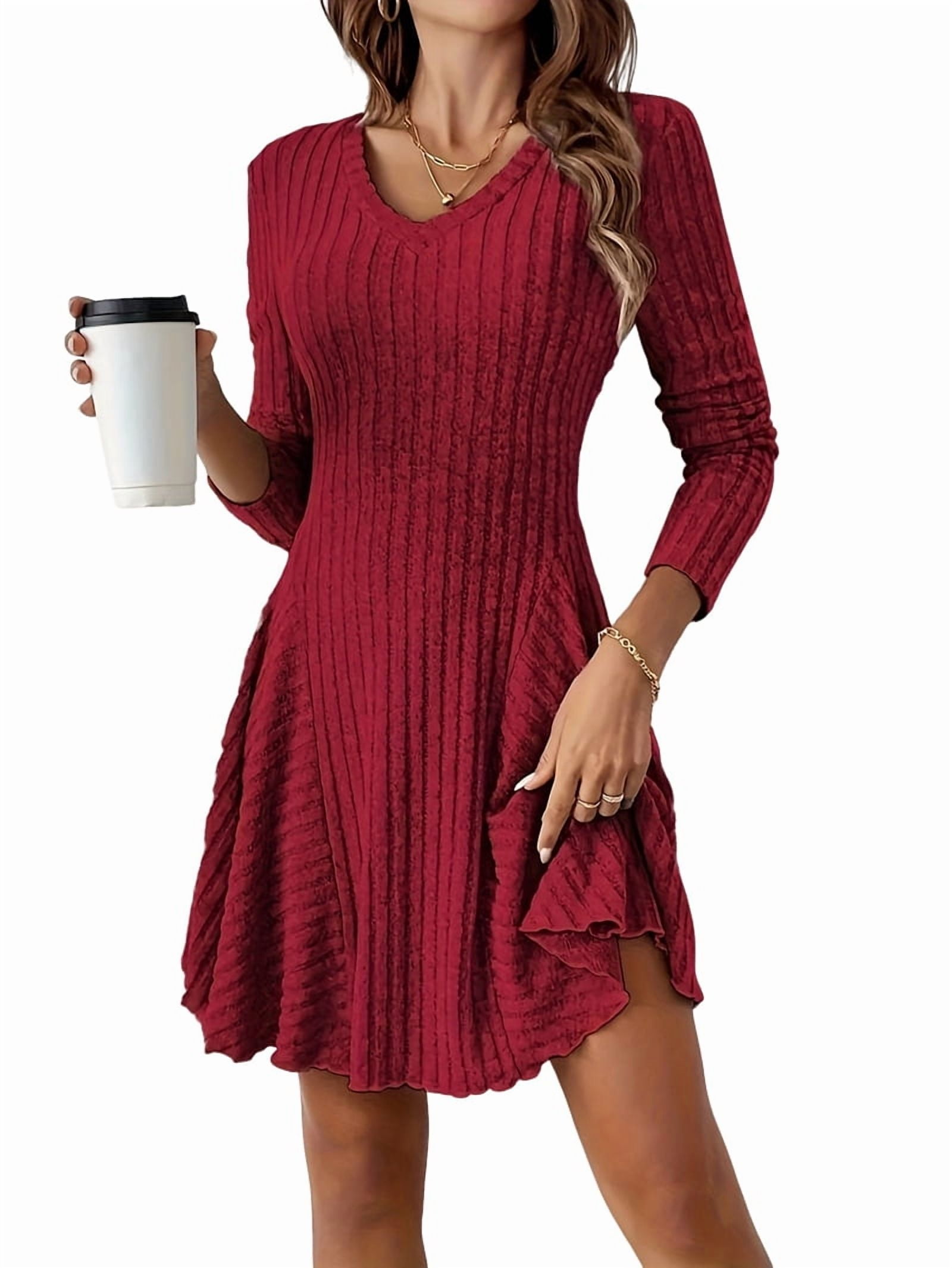 Women Long Sleeve Ribbed Knit Short Dresses Fall Winter V Neck Casual Swing A Line Sweater Dress
