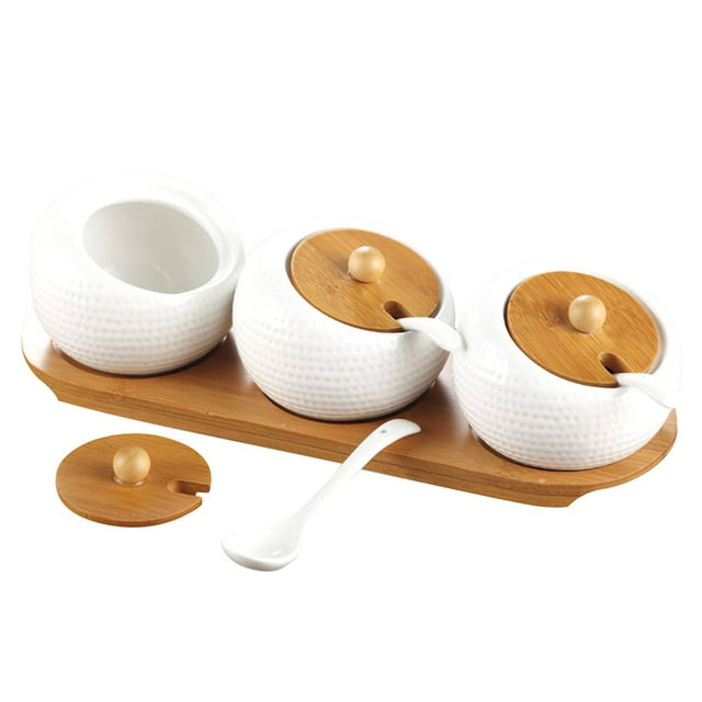 3pcs Ceramic Condiment Jars Golf Ball Shaped Multifunctional Modern Porcelain Spice Container Seasoning Storage Jar with Bamboo Lids Spoons Tray for Kitchen
