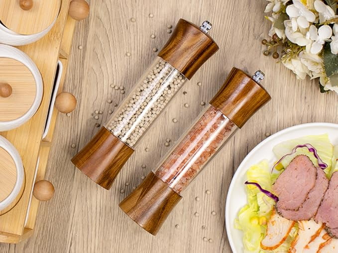 Acacia Wood Premium Acrylic Salt Grinder and Pepper Grinder Set 8 Inches Salt and Pepper Mill Set, Manual Salt and Pepper Mills- Wooden Shakers with Adjustable Ceramic Core 2 Pack