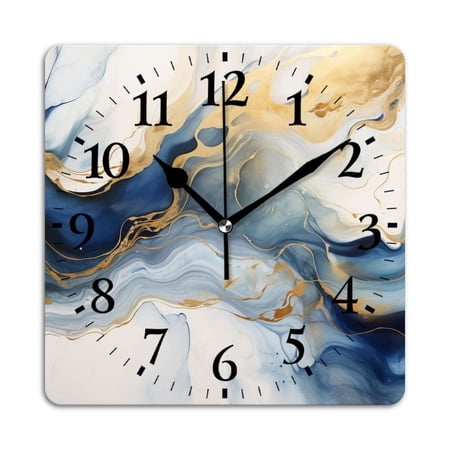 Square Wall Clock,Abstract Blue And Gold Painting With Luxury Marble,Silent Non Ticking Wall Clock
