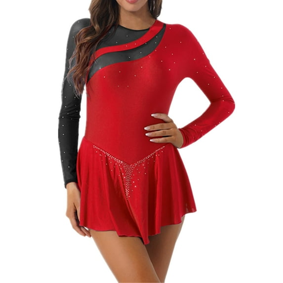 YEAHDOR Womens Figure Skating Dance Dress Long Sleeve Rhinestones Dance Leotard