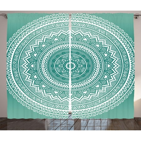 Teal Ombre Curtains 2 Panels Set Mandala Pattern Boho Style