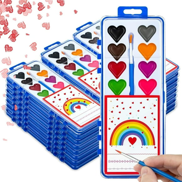 Valentine Watercolor, 8/16 Colors Heart Watercolor Paint Set, Washable Water Colour Paints with Paintbrush, Valentines Gifts Art Supplies for Party Exchange Favor