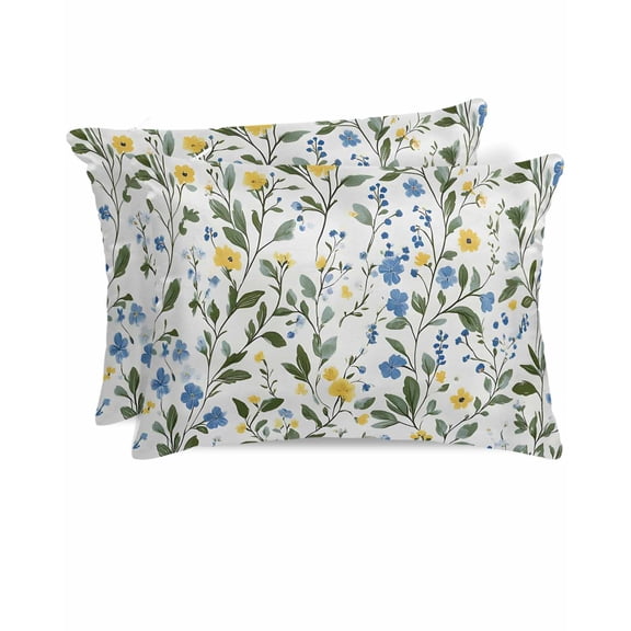 Hokiten King Size Pillow Cases Set of 2, Pillow Covers for Bed, Blue Yellow Spring Floral Satin Pillowcases with Zipper for Hair/Skin, Summer Elegant Botanical Green 20x36 Inches