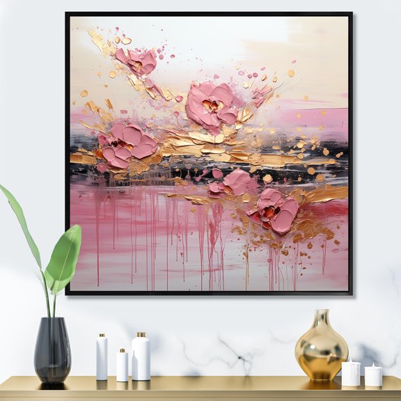 Designart "Modern Liquid Shapes in Gold and Pink II" Abstract Framed Wall Art - Gold Abstract Modern Shapes Hallway Framed Wall Art Decor