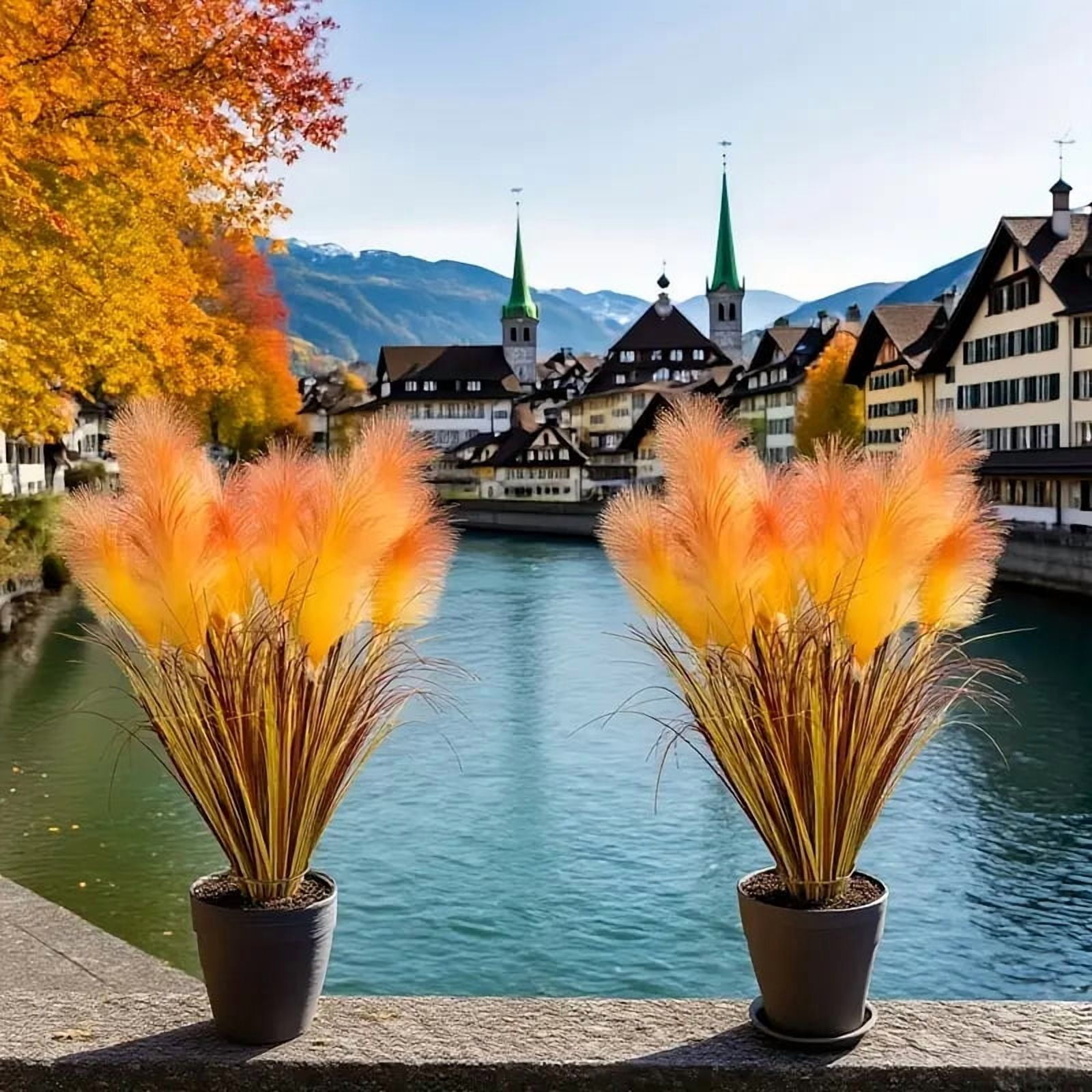 2 pieces artificial imitation reed flowers, autumn harvest large orange yellow reed flowers with onion grass, 31.50 inches high dry feathery stems, maintenance-fre,e indoor/outdoor decoration
