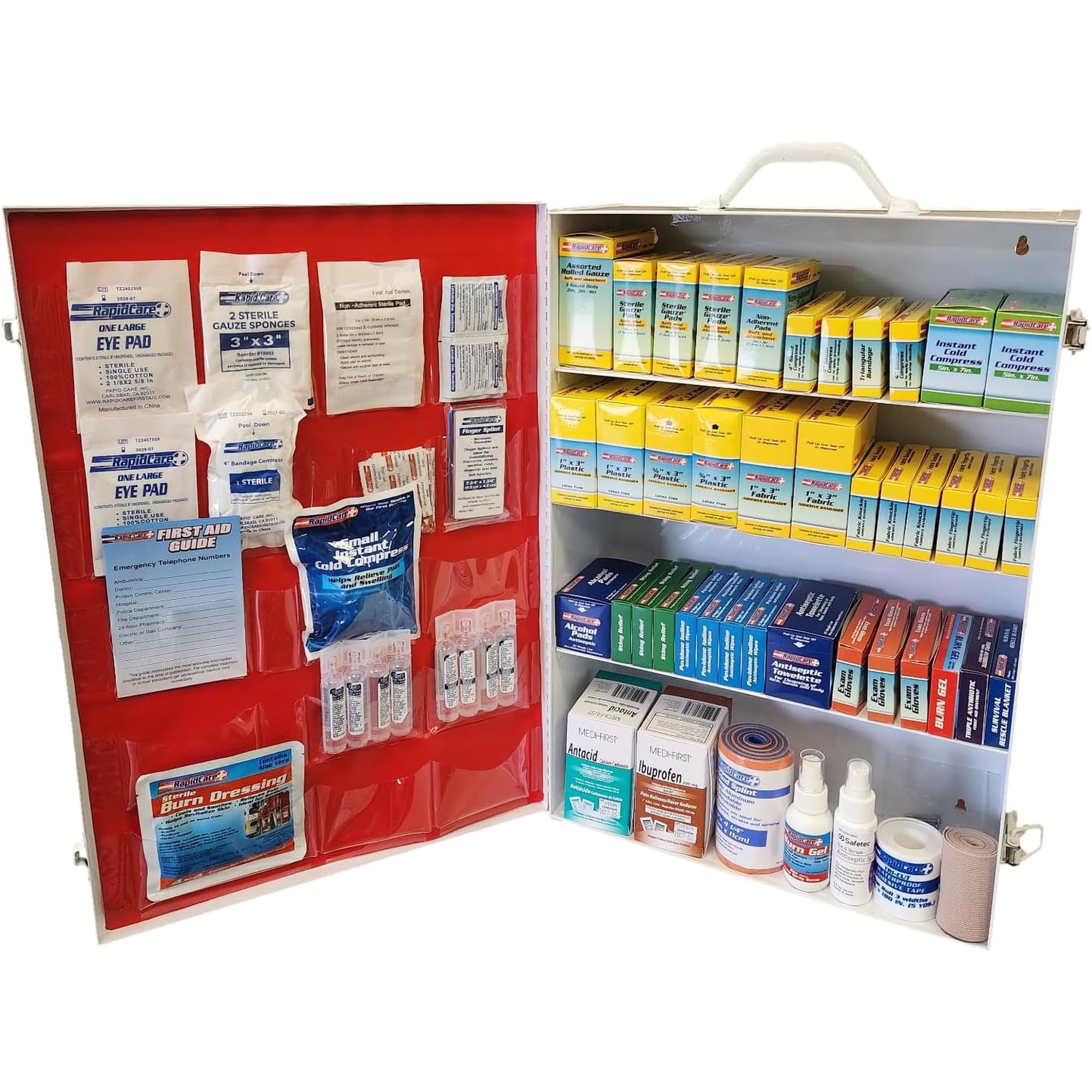 Rapid Care First Aid 864-09-1F 4 Shelf ANSI/OSHA Compliant All Purpose First Aid Cabinet & Medical Station with First Aid Sign, Exceeds OSHA/ANSI 2009, Wall Mountable, White