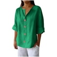 thumbnail image 3 of Bvxeep Women's Solid Color V-Neck 3/4 Sleeveloose Linen Button Top, 3 of 8